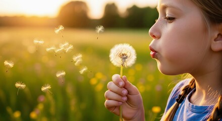 Close-up of a child blowing a dandelion in a golden meadow at sunset, symbolizing wishes, dreams, and the innocence of childhood.
