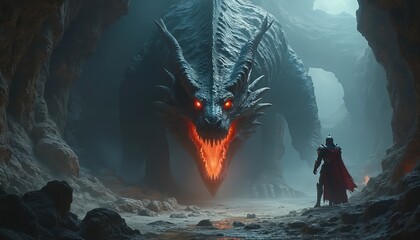 Fototapeta na wymiar Knight confronts large dragon in dim cave. Fiery breath of beast lights cavern walls. Warrior stands ready for perilous quest. Epic fantasy scene unfolds in darkness.