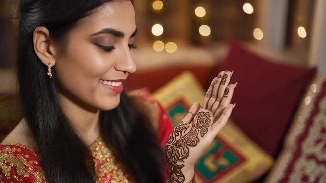 A beautiful young Indian woman in traditional attire smiling as she looks at the intricate henna mehndi design on her hand during a festive celebration