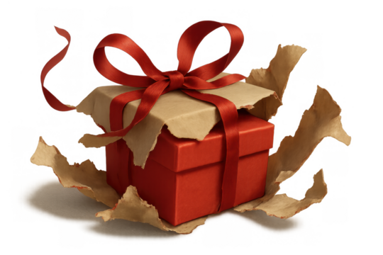 Unwrapping a red gift box with brown paper and a red ribbon, revealing a surprise present for celebration