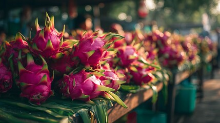 Obraz premium Vibrant Dragon Fruit Displayed at a Bustling Outdoor Market Stall.