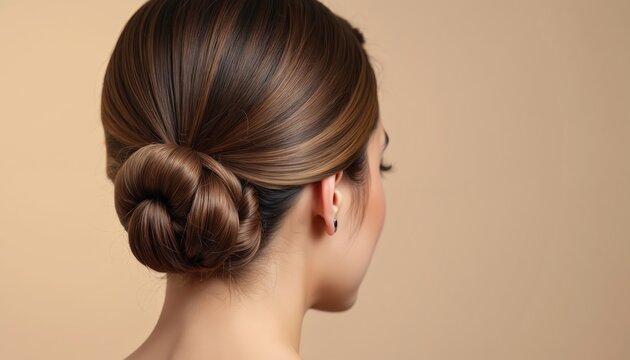 Woman with sleek brown hair forms elegant bun on beige background. Hairstyle shows smooth texture and neat knot. Hair looks healthy and polished, perfect for formal events or daily wear.
