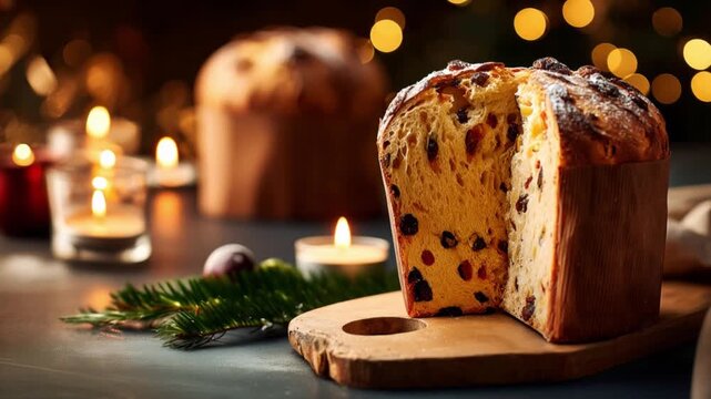 Hand Takes a Panettone with Festive Holiday Background