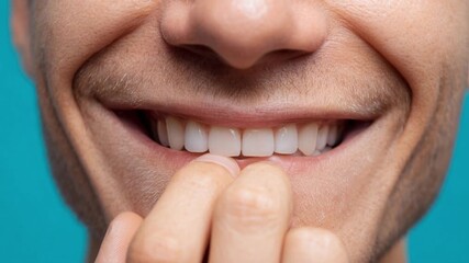 Close-up of a man's perfect smile with white teeth. Slow motion.