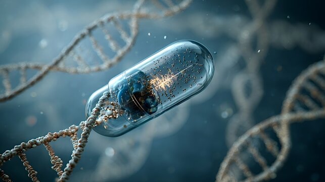 Transparent capsule with therapeutic agent interacting with human dna helix, symbolizing advanced gene therapy, nanomedicine and cutting edge biotechnology research for disease treatment