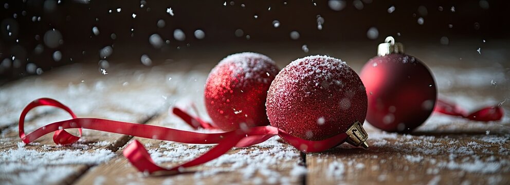 Christmas background with red ornaments and ribbons on snow