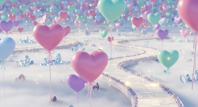 Heart balloons floating above winding path