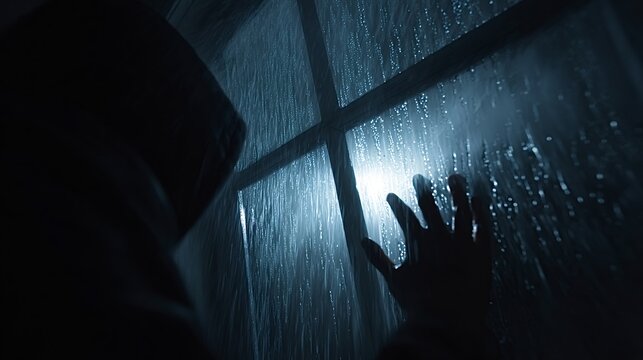 Hooded silhouette presses a hand to rain streaked window at night, backlit and cold, conveying isolation, despair and suspense in a moody, stormy atmosphere - Powered by Adobe