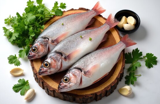 Fresh raw fish on wooden board with greens and garlic. Seafood and ingredients for cooking are placed against white background. Top view photo of food.