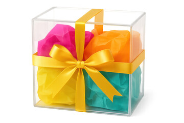 Obraz premium Gift box made of clear acrylic material containing pink, orange, yellow, and teal tissue paper, decorated with yellow satin ribbon