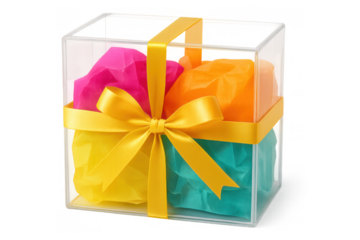 Gift box made of clear acrylic material containing pink, orange, yellow, and teal tissue paper, decorated with yellow satin ribbon