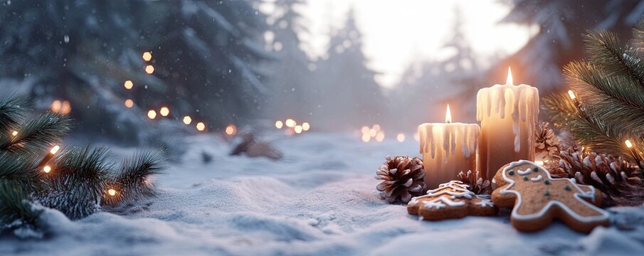 Christmas candles, gingerbread cookies, and Christmas decorations on a snow background - Powered by Adobe