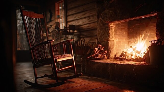 Empty rocking chair beside a glowing stone fireplace in a rustic log cabin, warm firelight spilling across wooden floors and walls, evoking cozy, nostalgic relaxation - Powered by Adobe