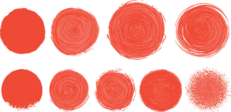 Set of hand-drawn red circles with various artistic textures. Abstract round shapes, doodles, and brush strokes for creative design elements