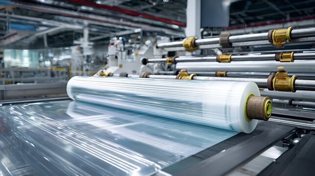 Clear plastic film winding onto a large industrial roll on automated production line, modern factory machinery producing transparent packaging material with high speed precision and efficiency