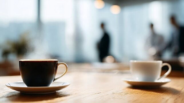 Steaming coffee cups sit on a wooden table, providing focus and warmth during a corporate meeting or a short professional break in a blurred modern office environment