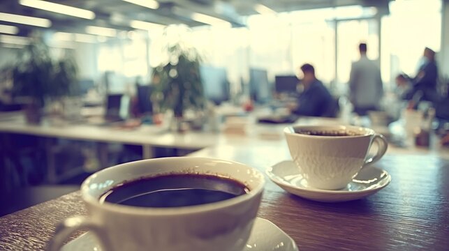 Two coffee cups on a wooden desk in a modern open plan office, suggesting casual business conversation, coffee break, collaboration and focused workplace energy