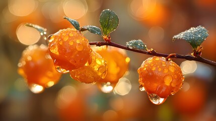 Vibrant Orange Berries on a Branch with Raindrops in Golden Hour Light.