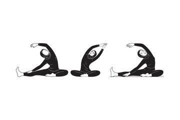 Three silhouettes of a person performing a seated side bend yoga pose