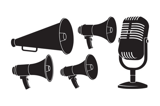 Vintage microphone and megaphone silhouettes for sound and communication