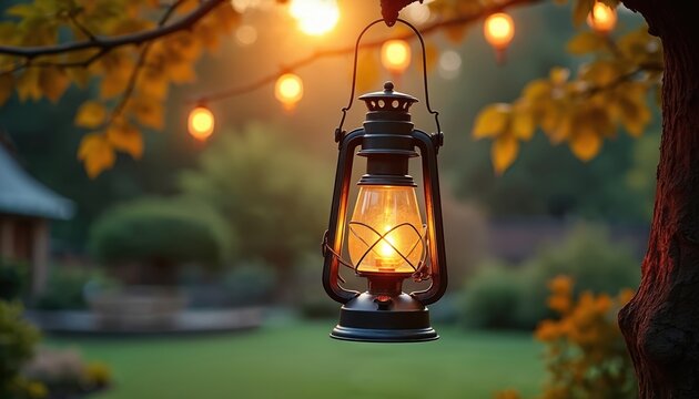 Vintage lantern glows warmly, hanging from tree branch with blurred string lights in background. Gentle light illuminates serene garden setting, suggesting autumn evenings and cozy outdoor relaxation.