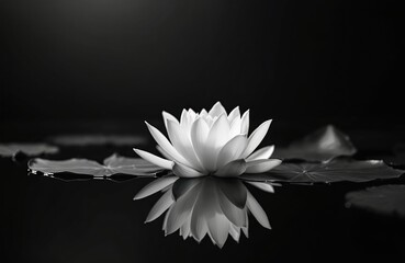 White lotus flower floats on dark water surface creating peaceful reflection. Serene aquatic plant is isolated against black background. Nature scene offers tranquility.