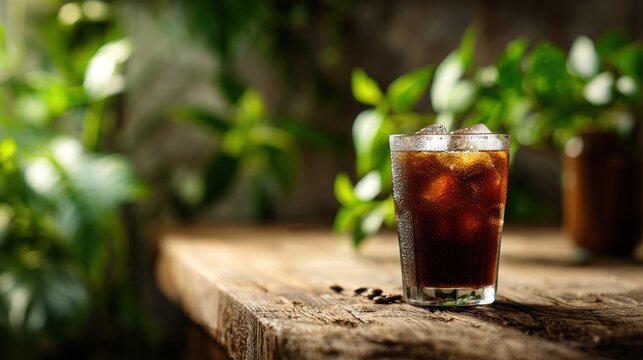 Refreshing iced coffee on rustic wooden table with vibrant green backdrop