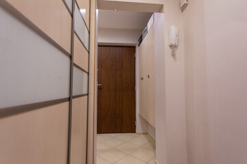 A modern hallway in a contemporary apartment, featuring elegance and warm aesthetics