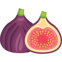 Two purple figs one whole one sliced showing red flesh and yellow seeds with green stems on a transparent background