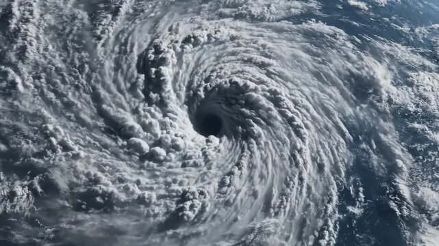 massive hurricane swirling over blue ocean viewed from space. dangerous tropical storm with eye. climate change and bad weather forecast concept. meteorology background