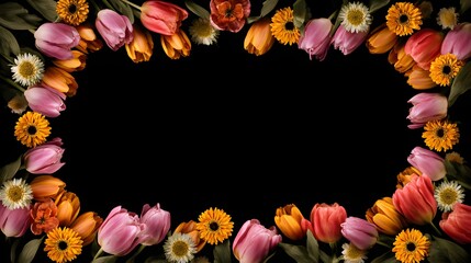 Vibrant Spring Flower Frame on Black Background.