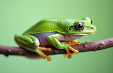 Naklejka premium Green tree frog sits on a branch. The amphibian has bright green skin and large brown eyes. Nature scene shows a frog relaxing on a brown twig.
