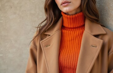 Woman wears orange turtleneck and tan coat. Seasonal outfit for cool weather. Elegant, warm, stylish urban look. Neutral tones complement vibrant color.
