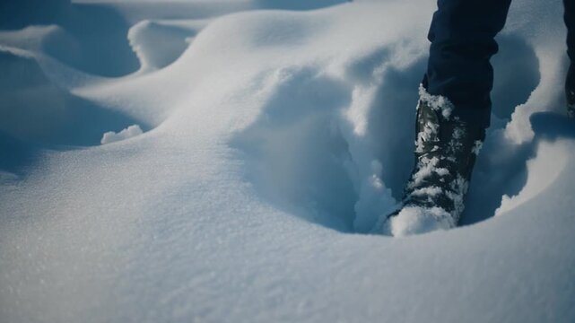 Boots compressing deep untouched snow, close up sound rich shot. Snow caves inward softly.