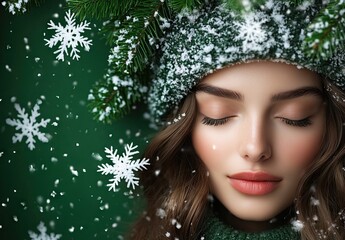 Elegant winter portrait of a beautiful woman with closed eyes and flawless makeup, wearing a snow-covered green knit beanie and sweater