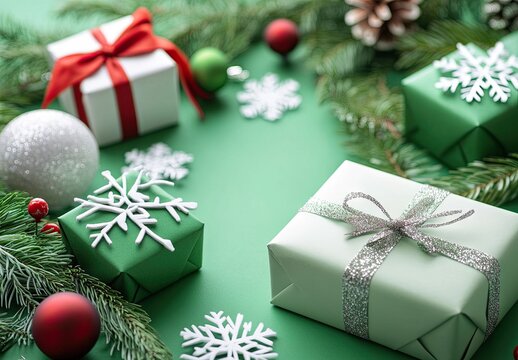 Green background with snowflakes, Christmas decoration, green color background