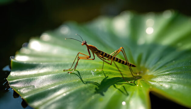 Water stick insect perches on bright green wet leaf floating on dark pond water. Long legged bug with striped abdomen poses alertly in its natural aquatic habitat. Sunlight creates soft bokeh.