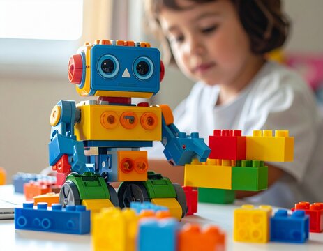 Child Building Robot with Colorful Construction Blocks
