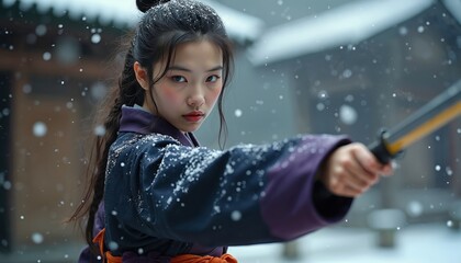 Young asian woman in kimono holds katana sword. She poses in martial art stance during snowfall outside traditional building. Fierce look, hair bun, snow flakes on clothes.
