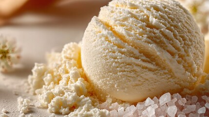 Scoop of Creamy Vanilla Ice Cream on a Bed of Pink Salt