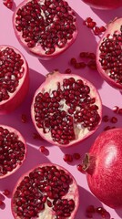 Fresh Pomegranate Halves on Pink Background