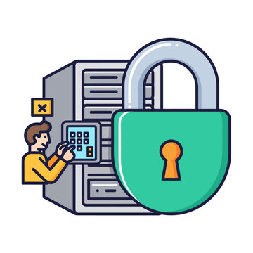 Digital data protection is symbolized by this Flat 2D vector illustration showing a giant padlock locking a server cabinet while a user enters a security keycode.