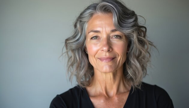 Mature woman with wavy grey hair smiles gently against a plain background. Her calm expression and simple black top suggest confidence and inner peace. She embodies natural elegance.