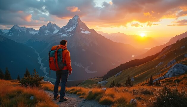 Man hiker stands on mountain path, backpack on, watching sunset over vast valley. Golden hour light illuminates scenic landscape, peak, and cloudy sky.
