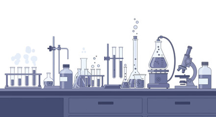 Obraz premium A detailed illustration of a scientific laboratory bench filled with chemistry glassware, beakers, test tubes, and a microscope for research