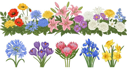 A lush collection of colorful blooming garden flowers and individual floral bunches, perfect for elegant graphic design elements and nature-themed creations for print and digital projects