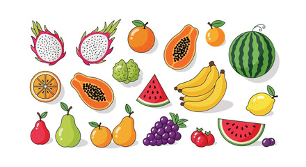 Colorful collection of fresh and exotic fruits in a playful hand-drawn illustration style, perfect for healthy lifestyle themes, food education, and refreshing summer designs with a vibrant appeal