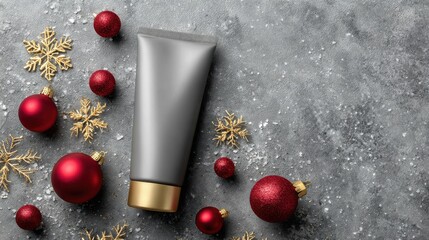 Gray Cosmetic Tube Surrounded by Christmas Ornaments