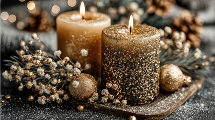 Decorative Holiday Candles with Gold and Glitter Accents