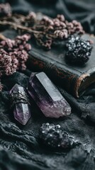 Amethyst Crystals with Dried Flowers and Vintage Book Background